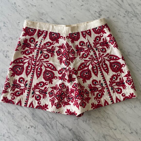 Zara High Waisted Linen Embroidered Shorts - M - Cream, Red & Black - Picture 7 of 7